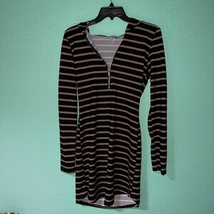 J for Justify Black and Brown Striped Long-Sleeve Zip Dress